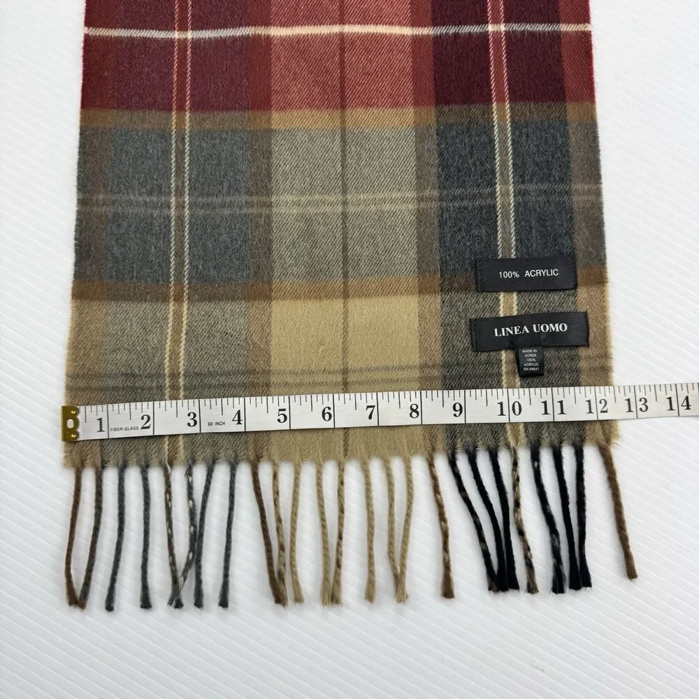 Linea Uomo Men’s Plaid Scarf Brown Tan Red Fringe Classic 100% Acrylic